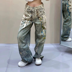 American style new fashion brand design 3D printing lace pearl chain printing vintage jeans for both men and women (1)