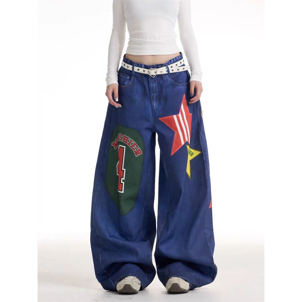 American style new fashion brand design 3D printing lace pearl chain printing vintage jeans for both men and women (18)