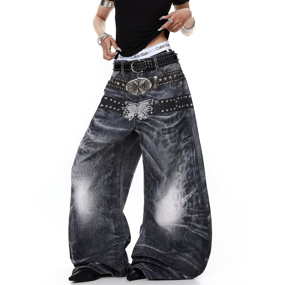American style new fashion brand design 3D printing lace pearl chain printing vintage jeans for both men and women (26)