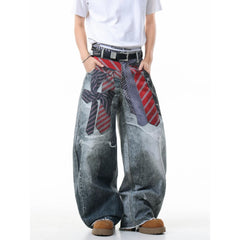 American style new fashion brand design 3D printing lace pearl chain printing vintage jeans for both men and women (44)