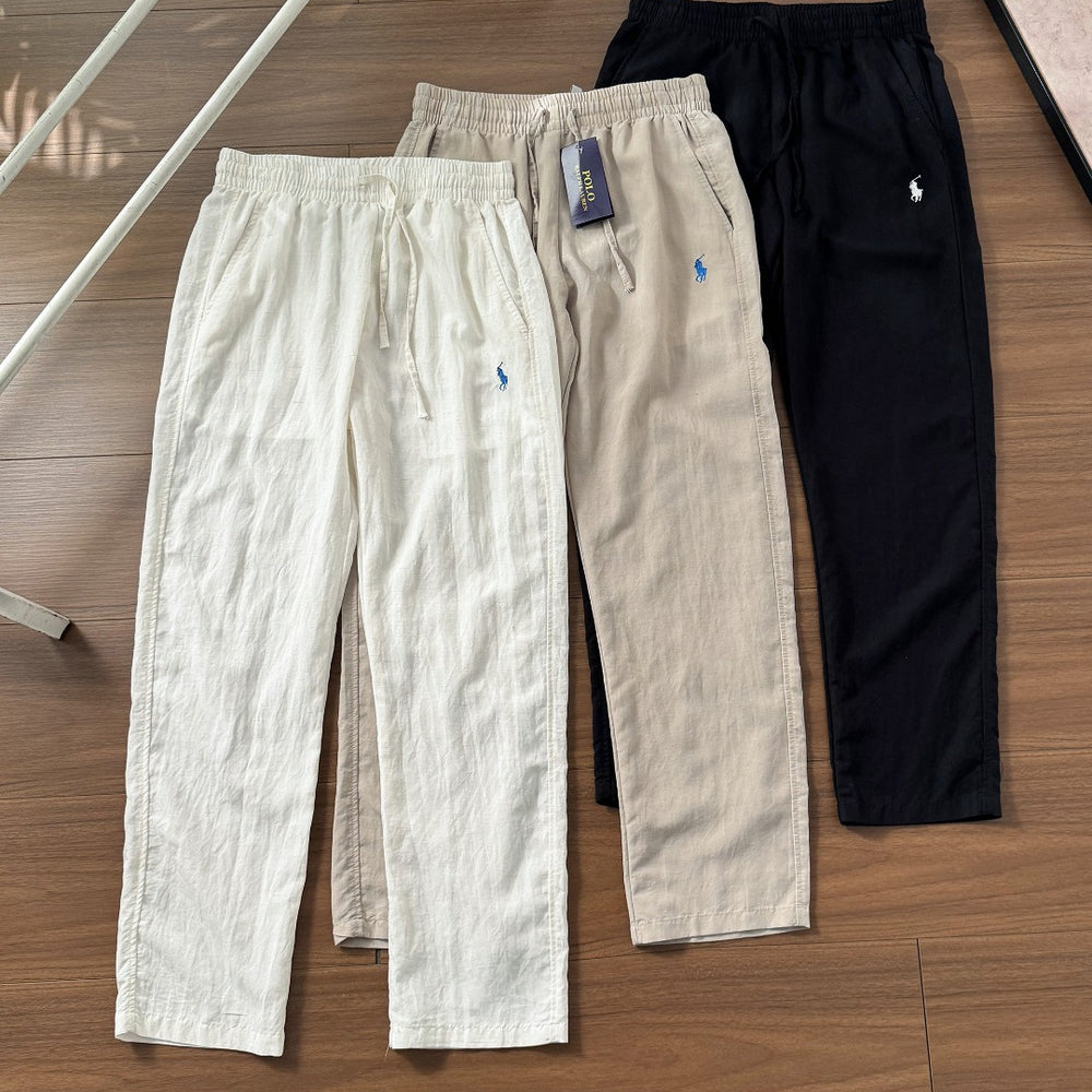 RL Ralph Pony Embroidery Summer Breathable Cool Old Money Wind Drawstring Elastic Waist Cotton Hemp Pants Casual Pants