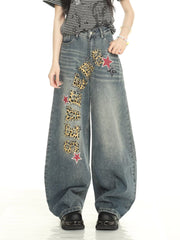 American style new fashion brand design 3D printing lace pearl chain printing vintage jeans for both men and women (19)