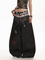 American style new fashion brand design 3D printing lace pearl chain printing vintage jeans for both men and women (35)