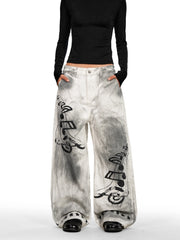American style new fashion brand design 3D printing lace pearl chain printing vintage jeans for both men and women (25)