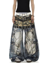 American style new fashion brand design 3D printing lace pearl chain printing vintage jeans for both men and women (42)