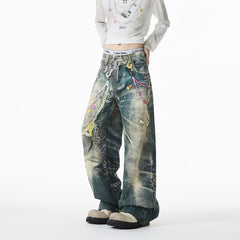 American style new fashion brand design 3D printing lace pearl chain printing vintage jeans for both men and women (7)