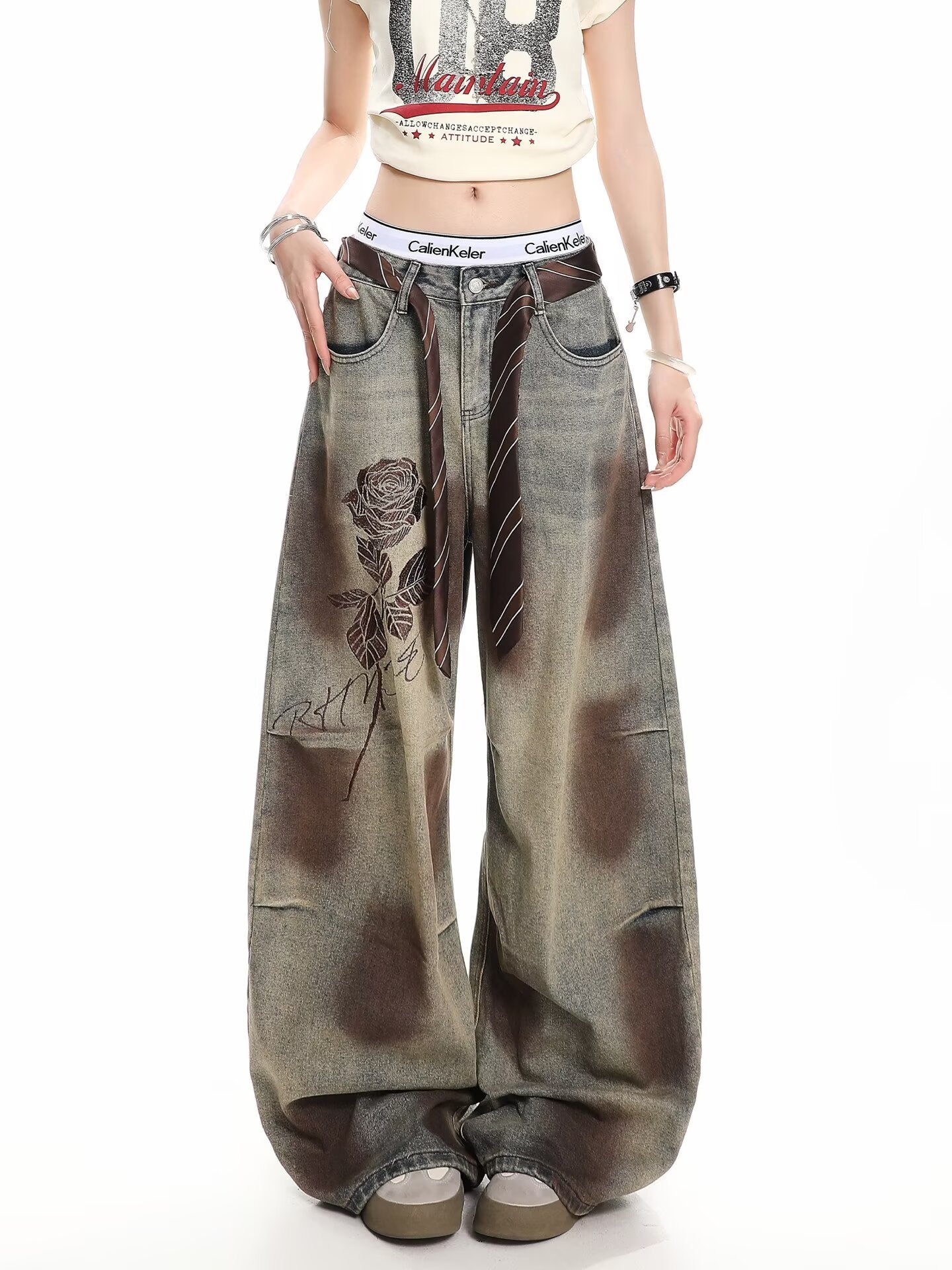 American style new fashion brand design 3D printing lace pearl chain printing vintage jeans for both men and women (29)