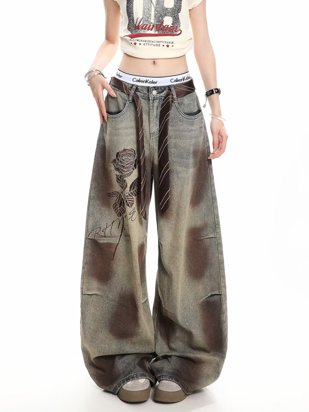 American style new fashion brand design 3D printing lace pearl chain printing vintage jeans for both men and women (29)