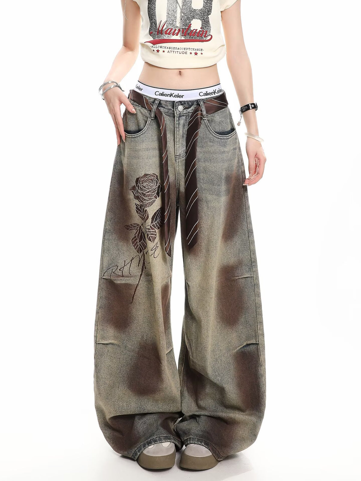 American style new fashion brand design 3D printing lace pearl chain printing vintage jeans for both men and women (29)