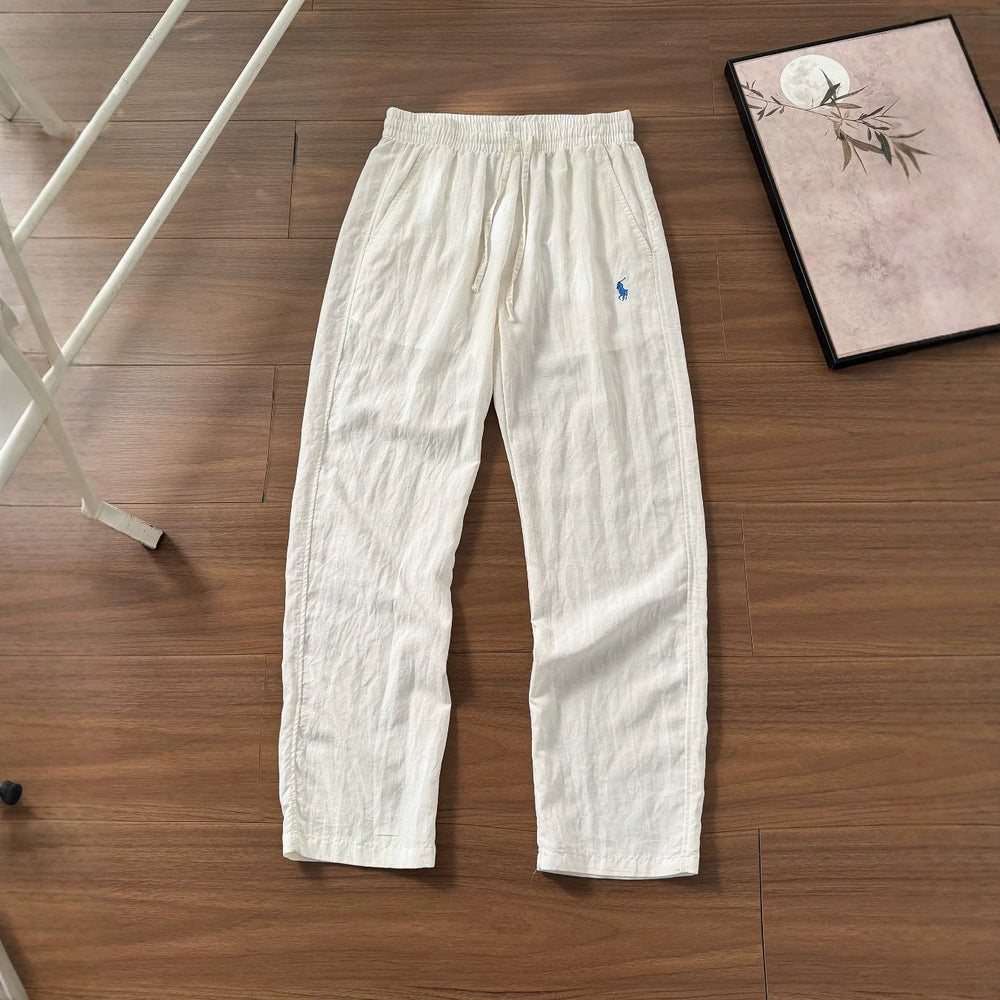 RL Ralph Pony Embroidery Summer Breathable Cool Old Money Wind Drawstring Elastic Waist Cotton Hemp Pants Casual Pants