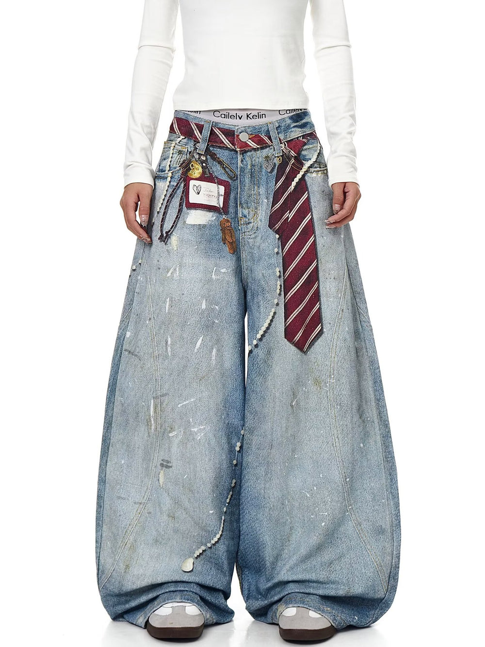 American style new fashion brand design 3D printing lace pearl chain printing vintage jeans for both men and women (8)
