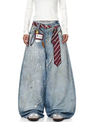 American style new fashion brand design 3D printing lace pearl chain printing vintage jeans for both men and women (8)