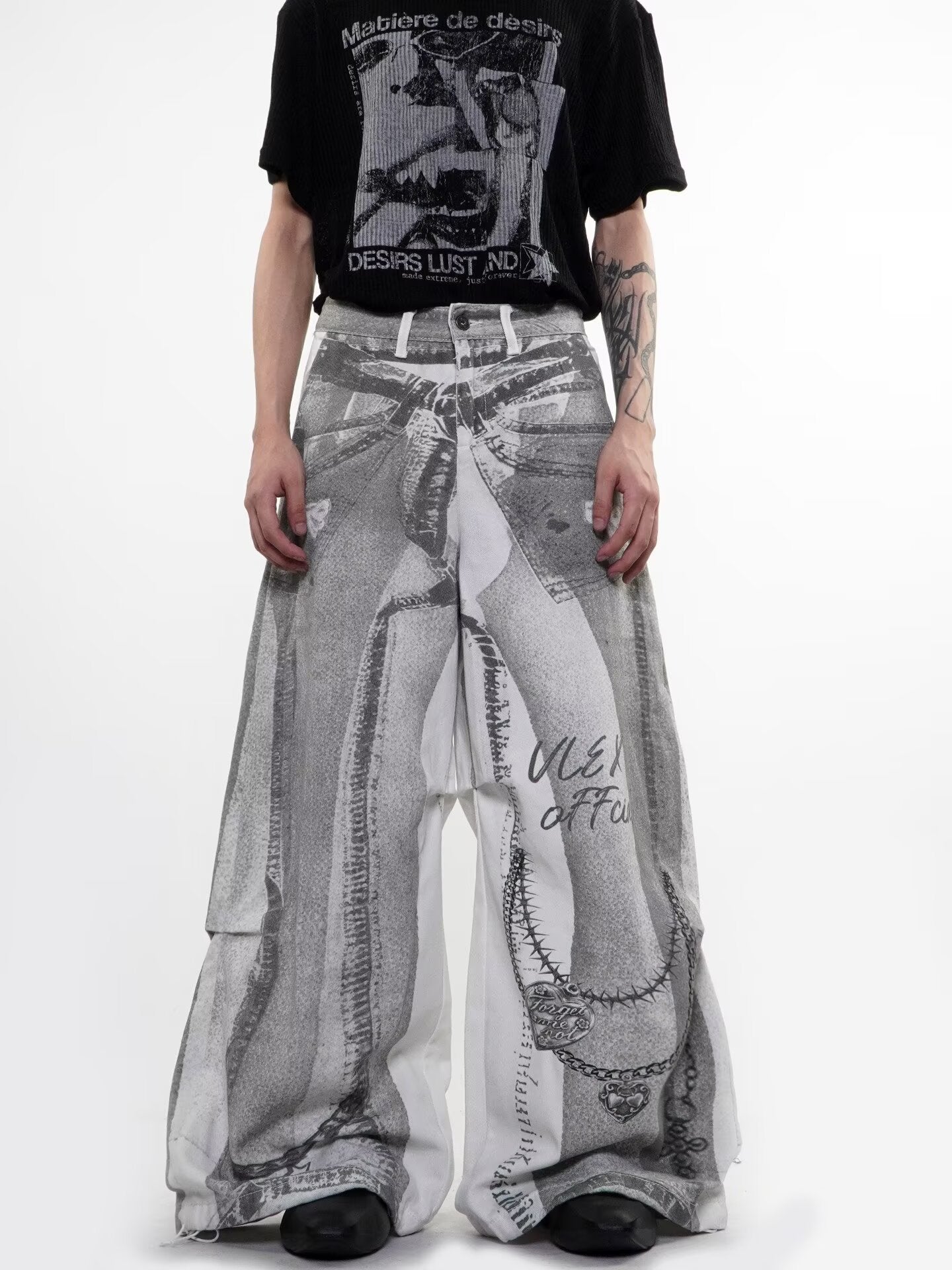American style new fashion brand design 3D printing lace pearl chain printing vintage jeans for both men and women (37)