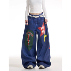 American style new fashion brand design 3D printing lace pearl chain printing vintage jeans for both men and women (18)