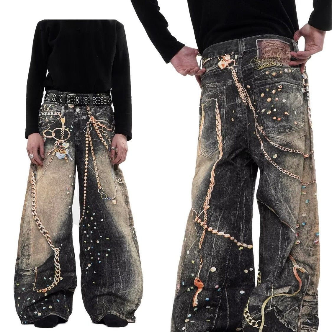 American style new fashion brand design 3D printing lace pearl chain printing vintage jeans for both men and women (2)