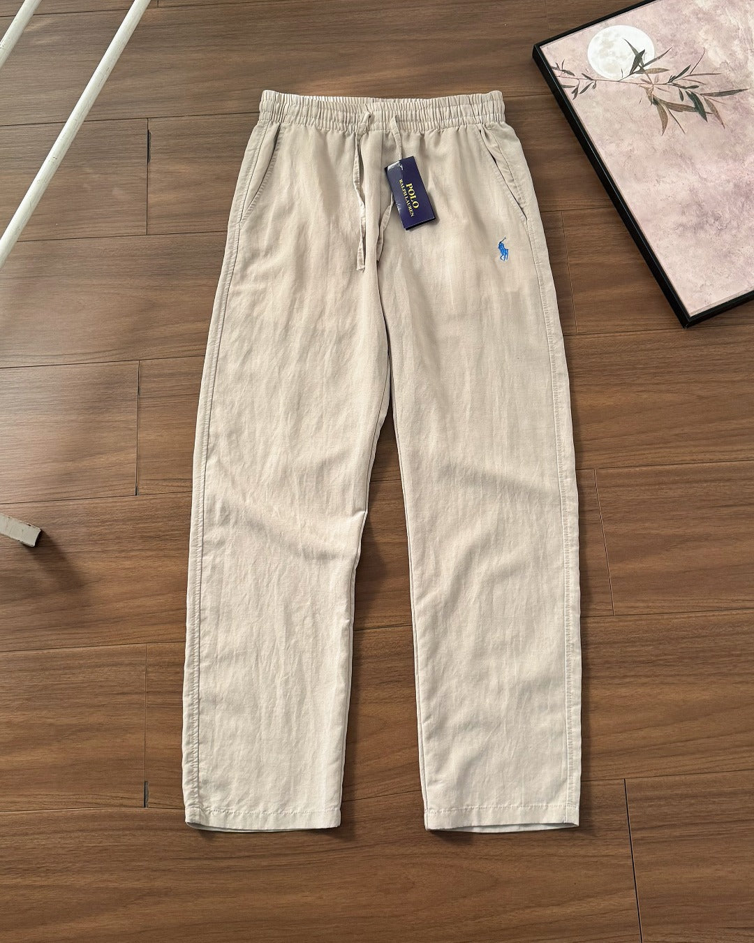 RL Ralph Pony Embroidery Summer Breathable Cool Old Money Wind Drawstring Elastic Waist Cotton Hemp Pants Casual Pants