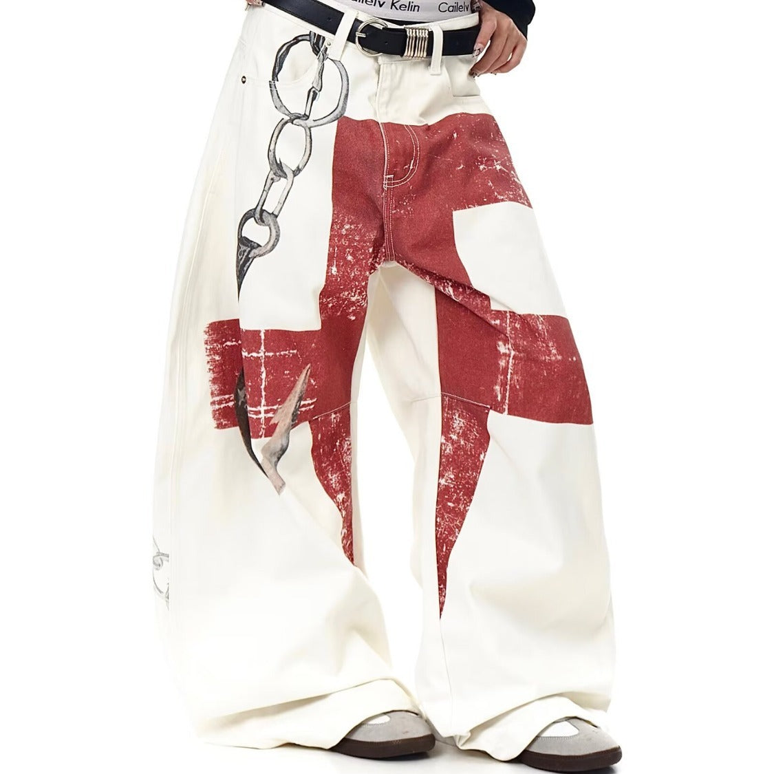 American style new fashion brand design 3D printing lace pearl chain printing vintage jeans for both men and women (21)
