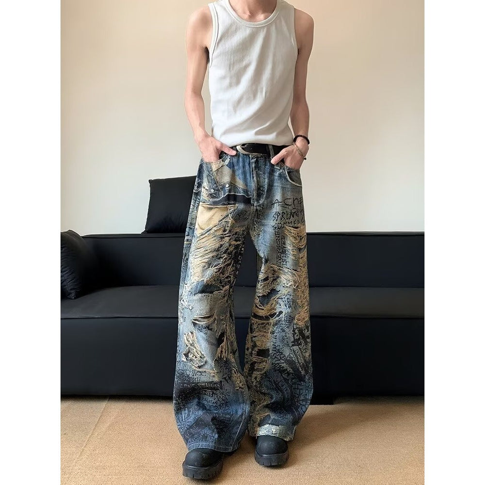 American style new fashion brand design 3D printing lace pearl chain printing vintage jeans for both men and women (9)