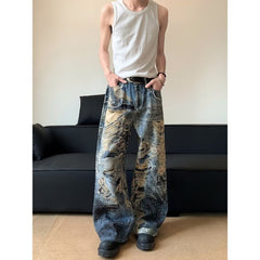 American style new fashion brand design 3D printing lace pearl chain printing vintage jeans for both men and women (9)