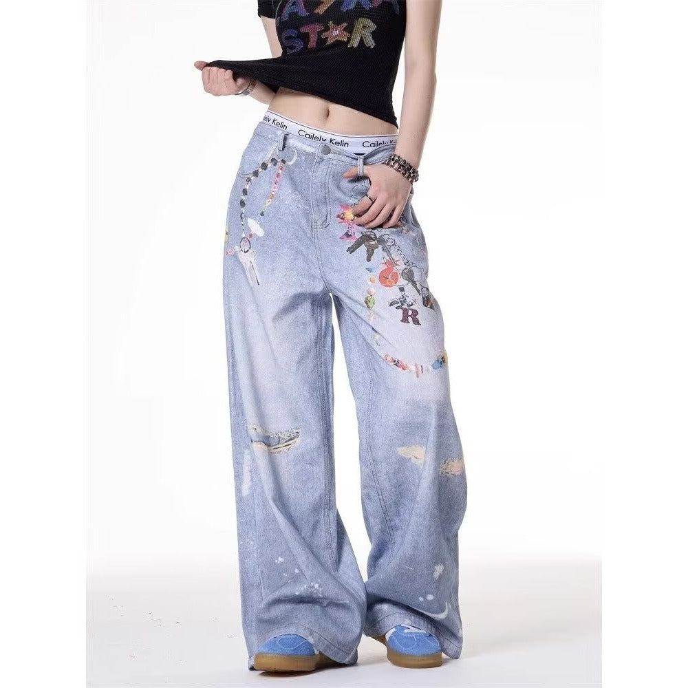 American style new fashion brand design 3D printing lace pearl chain printing vintage jeans for both men and women (14)