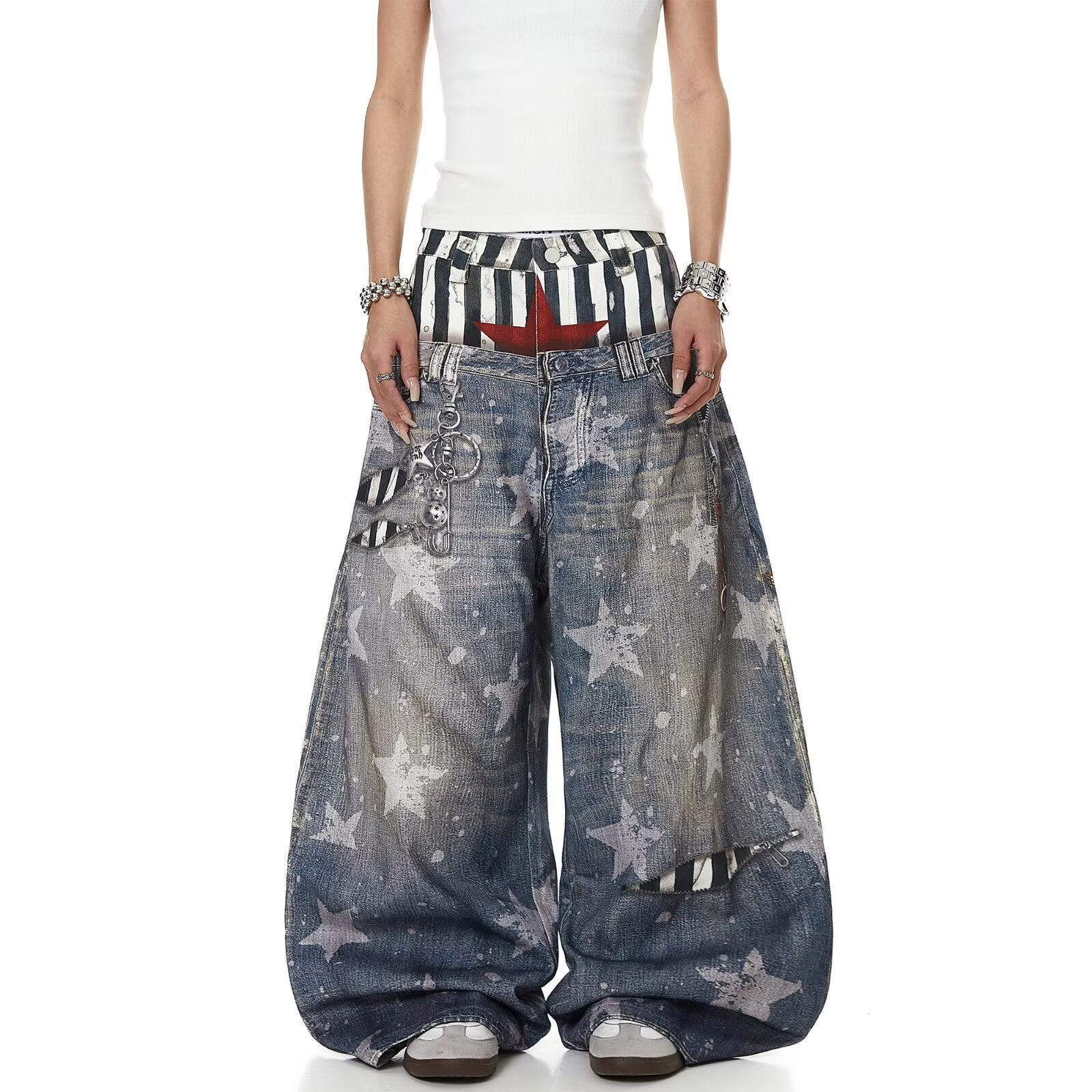 American style new fashion brand design 3D printing lace pearl chain printing vintage jeans for both men and women (43)