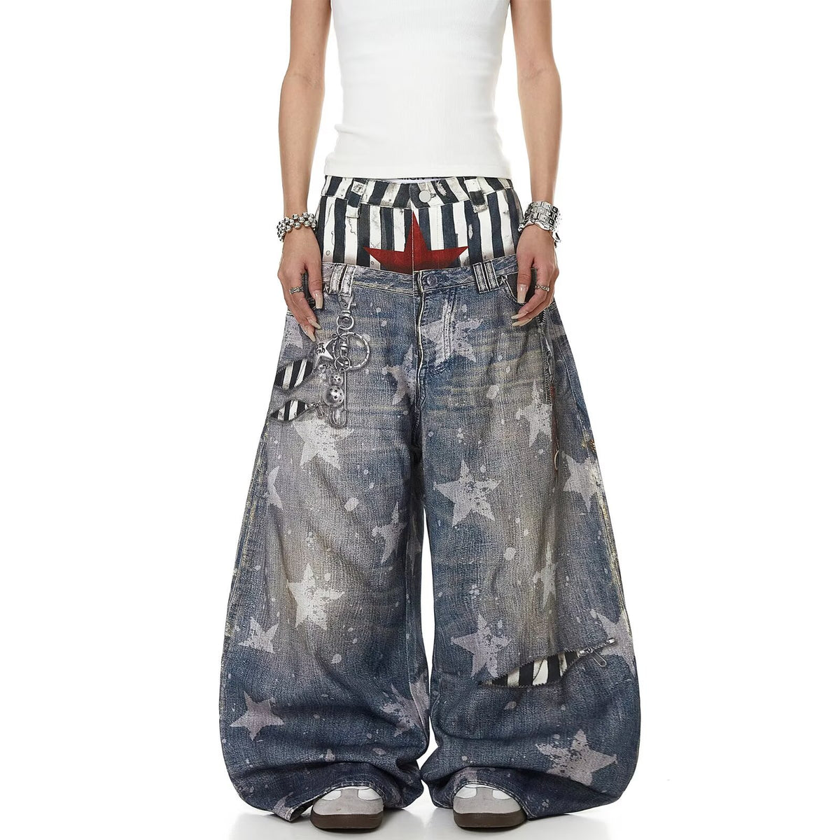 American style new fashion brand design 3D printing lace pearl chain printing vintage jeans for both men and women (43)