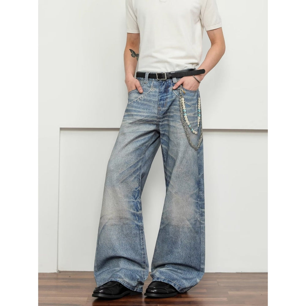 American style new fashion brand design 3D printing lace pearl chain printing vintage jeans for both men and women (15)