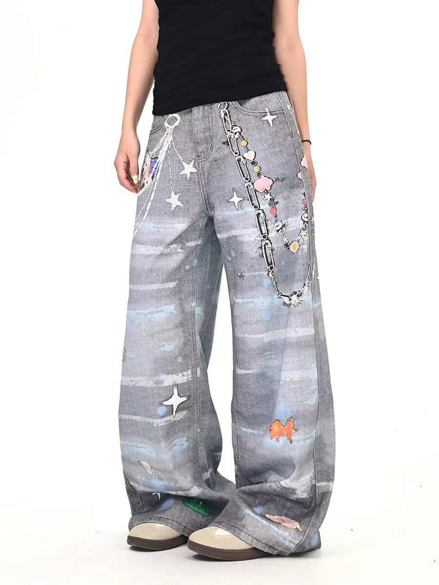 American style new fashion brand design 3D printing lace pearl chain printing vintage jeans for both men and women (11)