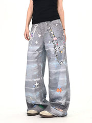 American style new fashion brand design 3D printing lace pearl chain printing vintage jeans for both men and women (11)