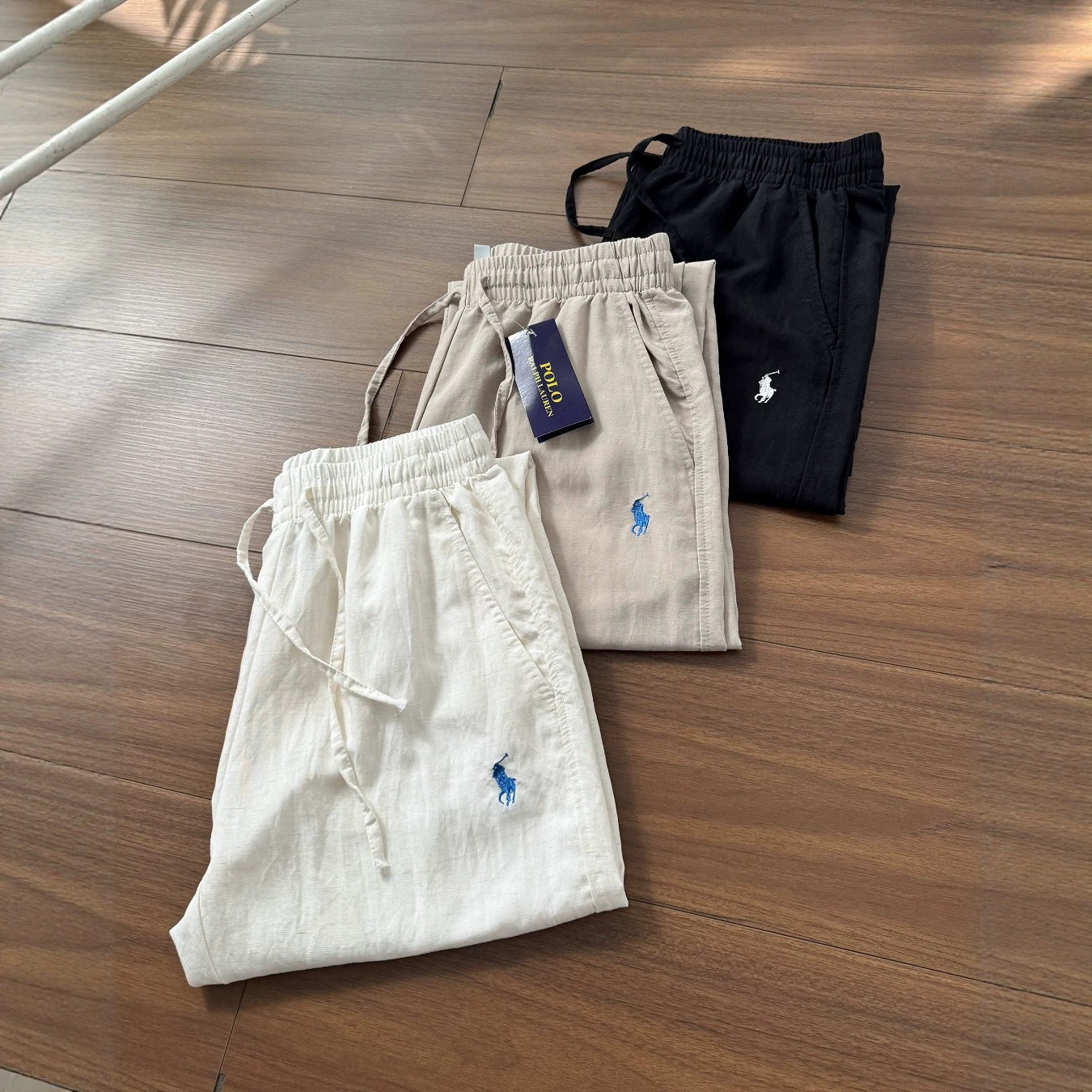 RL Ralph Pony Embroidery Summer Breathable Cool Old Money Wind Drawstring Elastic Waist Cotton Hemp Pants Casual Pants
