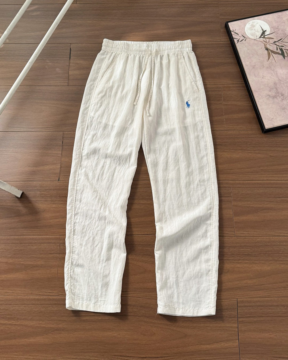 RL Ralph Pony Embroidery Summer Breathable Cool Old Money Wind Drawstring Elastic Waist Cotton Hemp Pants Casual Pants