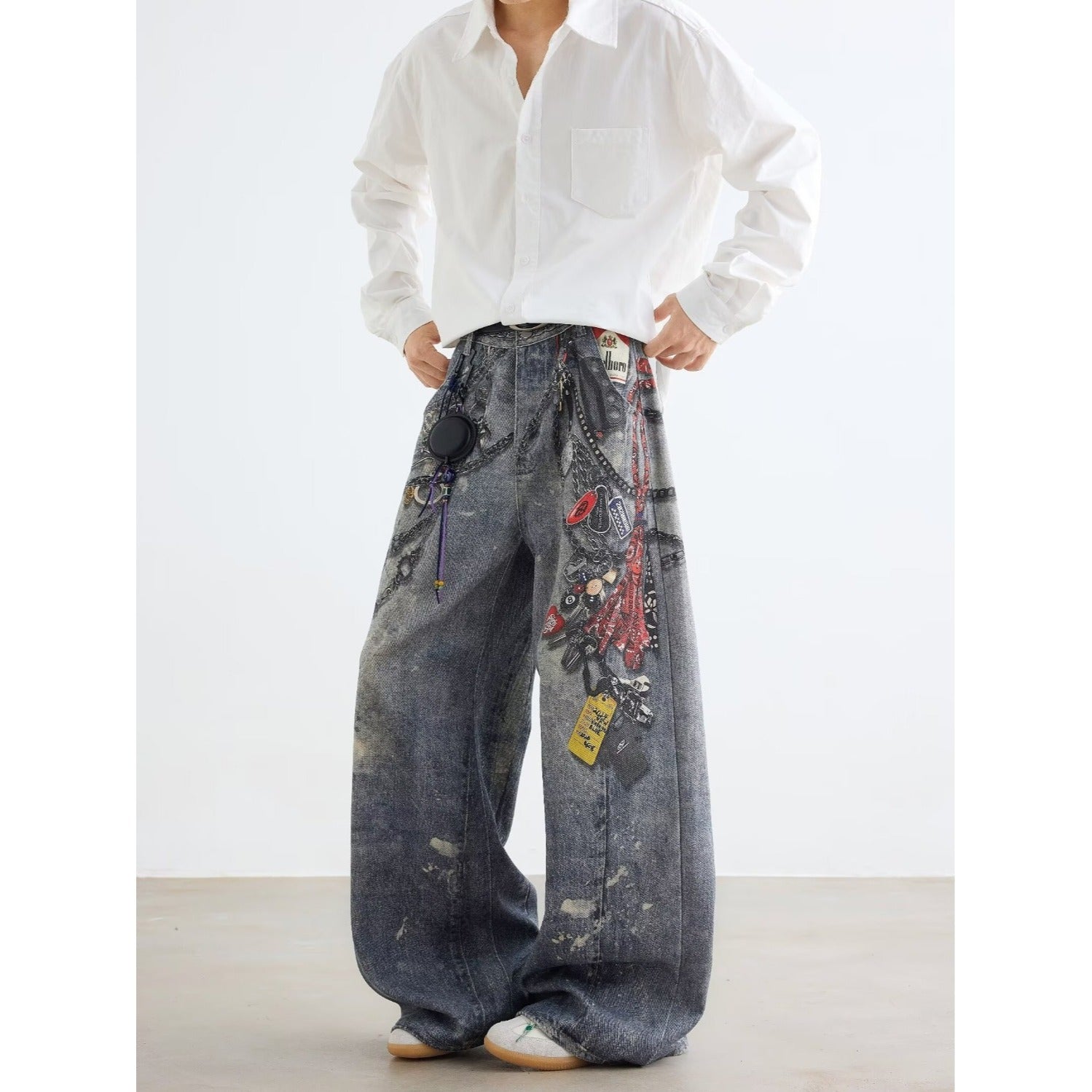 American style new fashion brand design 3D printing lace pearl chain printing vintage jeans for both men and women (6)
