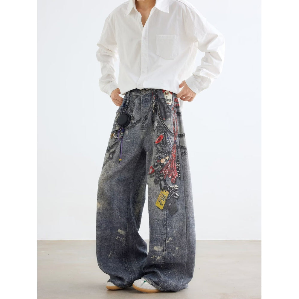 American style new fashion brand design 3D printing lace pearl chain printing vintage jeans for both men and women (6)