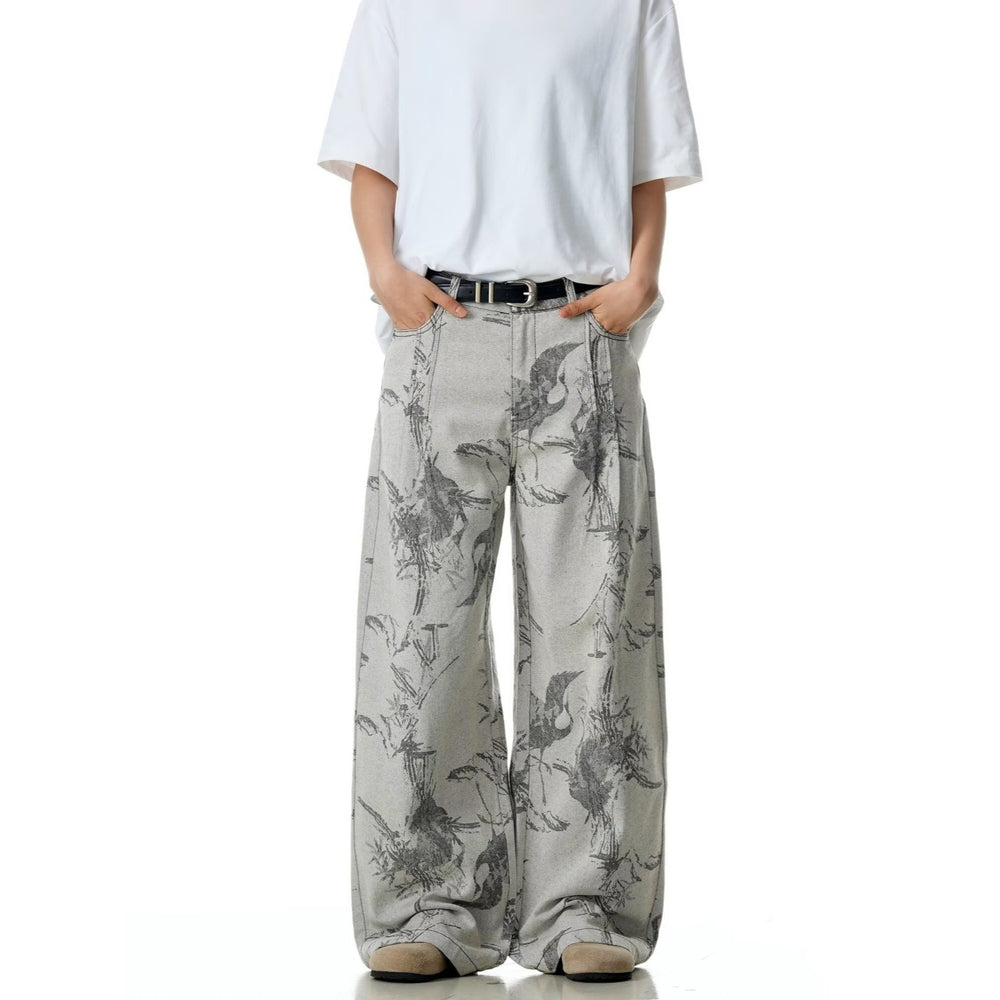 American style new fashion brand design 3D printing lace pearl chain printing vintage jeans for both men and women (13)