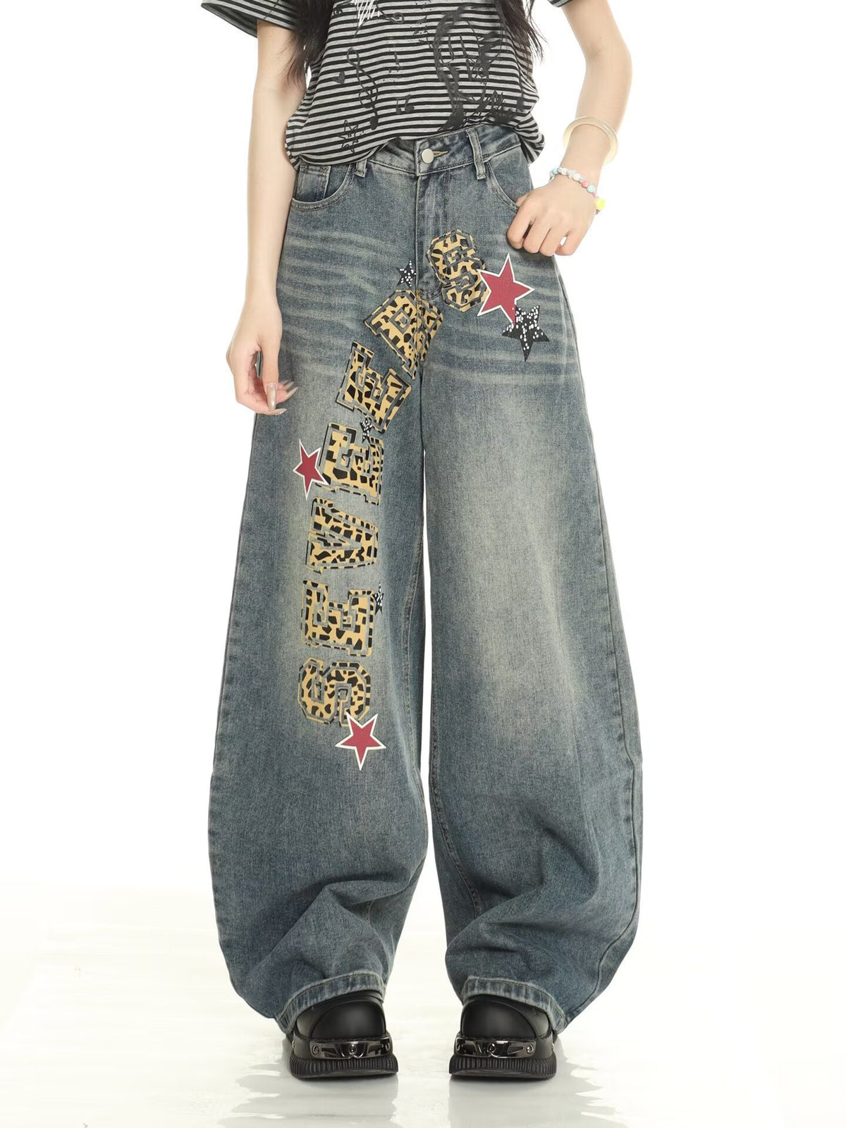 American style new fashion brand design 3D printing lace pearl chain printing vintage jeans for both men and women (19)