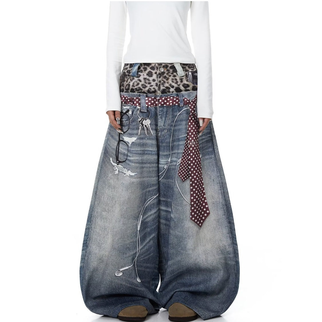 American style new fashion brand design 3D printing lace pearl chain printing vintage jeans for both men and women (27)