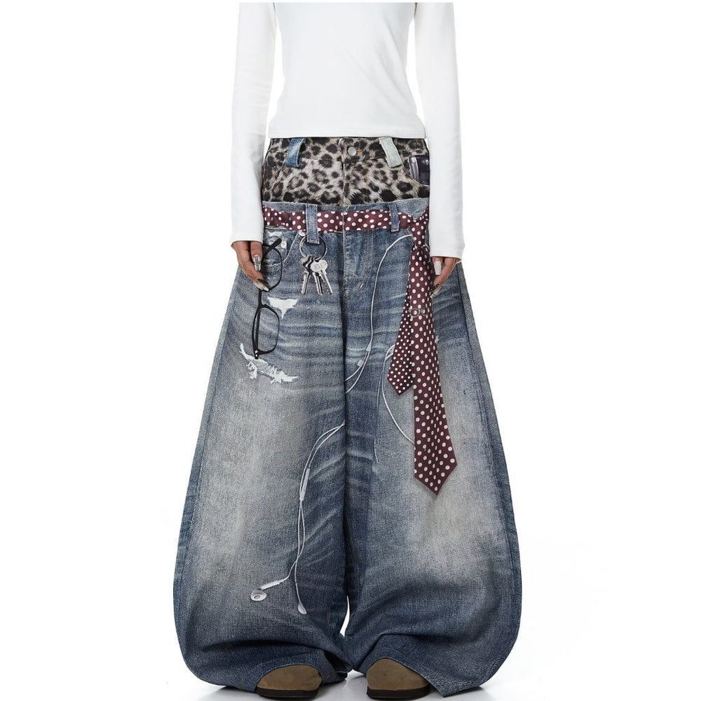 American style new fashion brand design 3D printing lace pearl chain printing vintage jeans for both men and women (27)