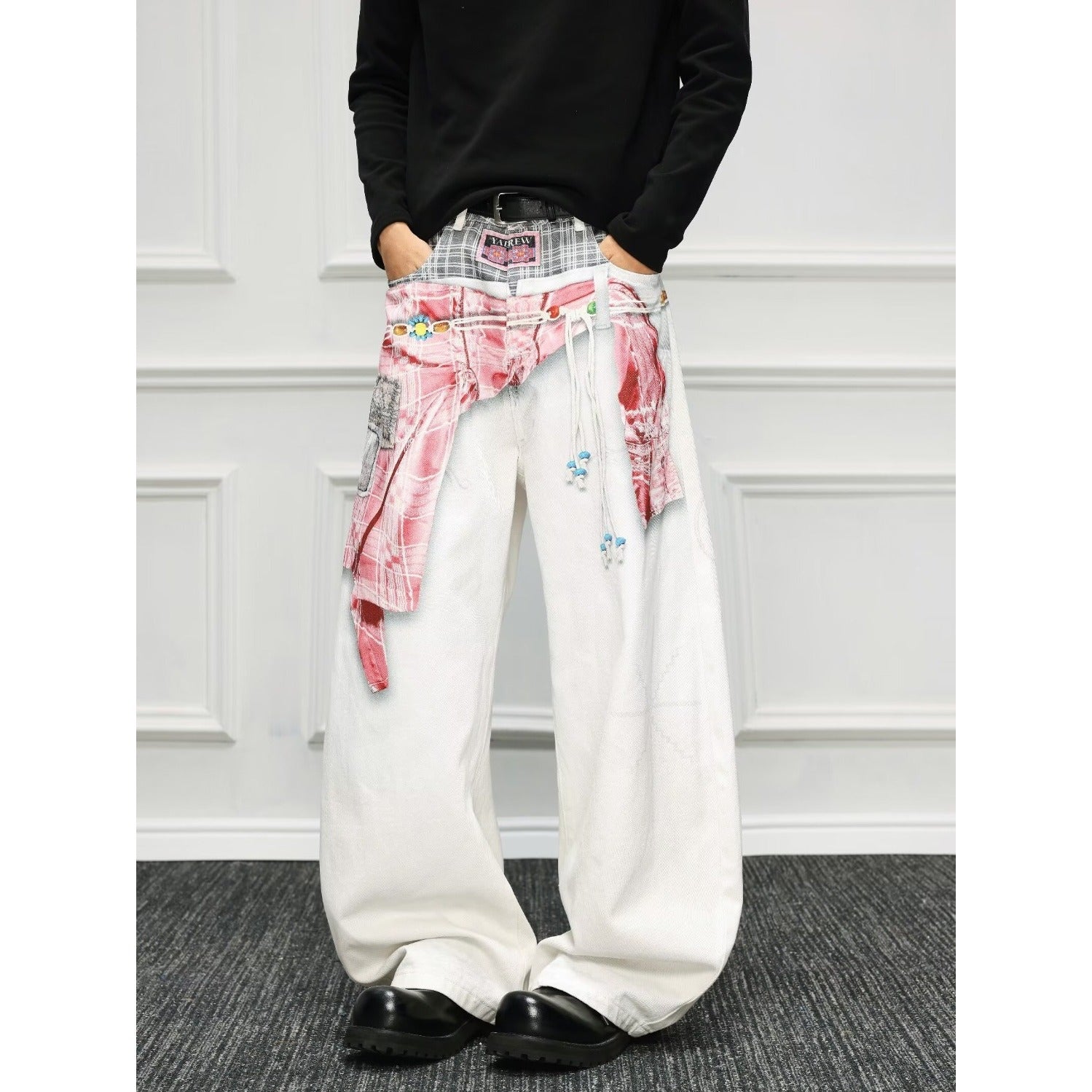 American style new fashion brand design 3D printing lace pearl chain printing vintage jeans for both men and women (20)