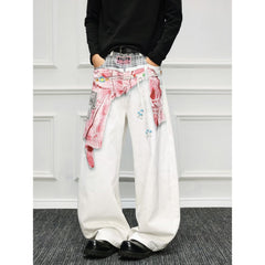 American style new fashion brand design 3D printing lace pearl chain printing vintage jeans for both men and women (20)
