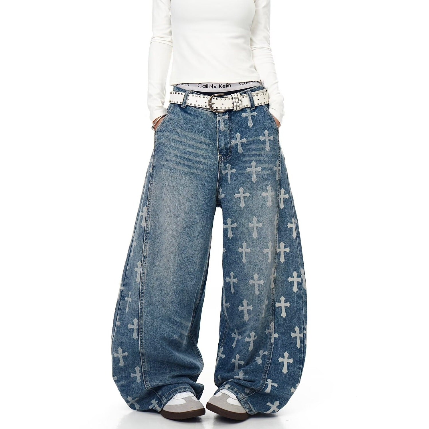 American style new fashion brand design 3D printing lace pearl chain printing vintage jeans for both men and women (22)