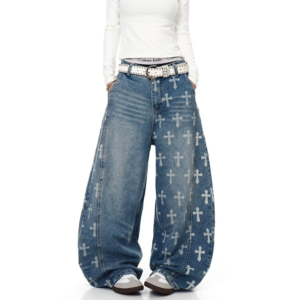 American style new fashion brand design 3D printing lace pearl chain printing vintage jeans for both men and women (22)