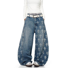 American style new fashion brand design 3D printing lace pearl chain printing vintage jeans for both men and women (22)
