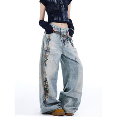 American style new fashion brand design 3D printing lace pearl chain printing vintage jeans for both men and women (16)