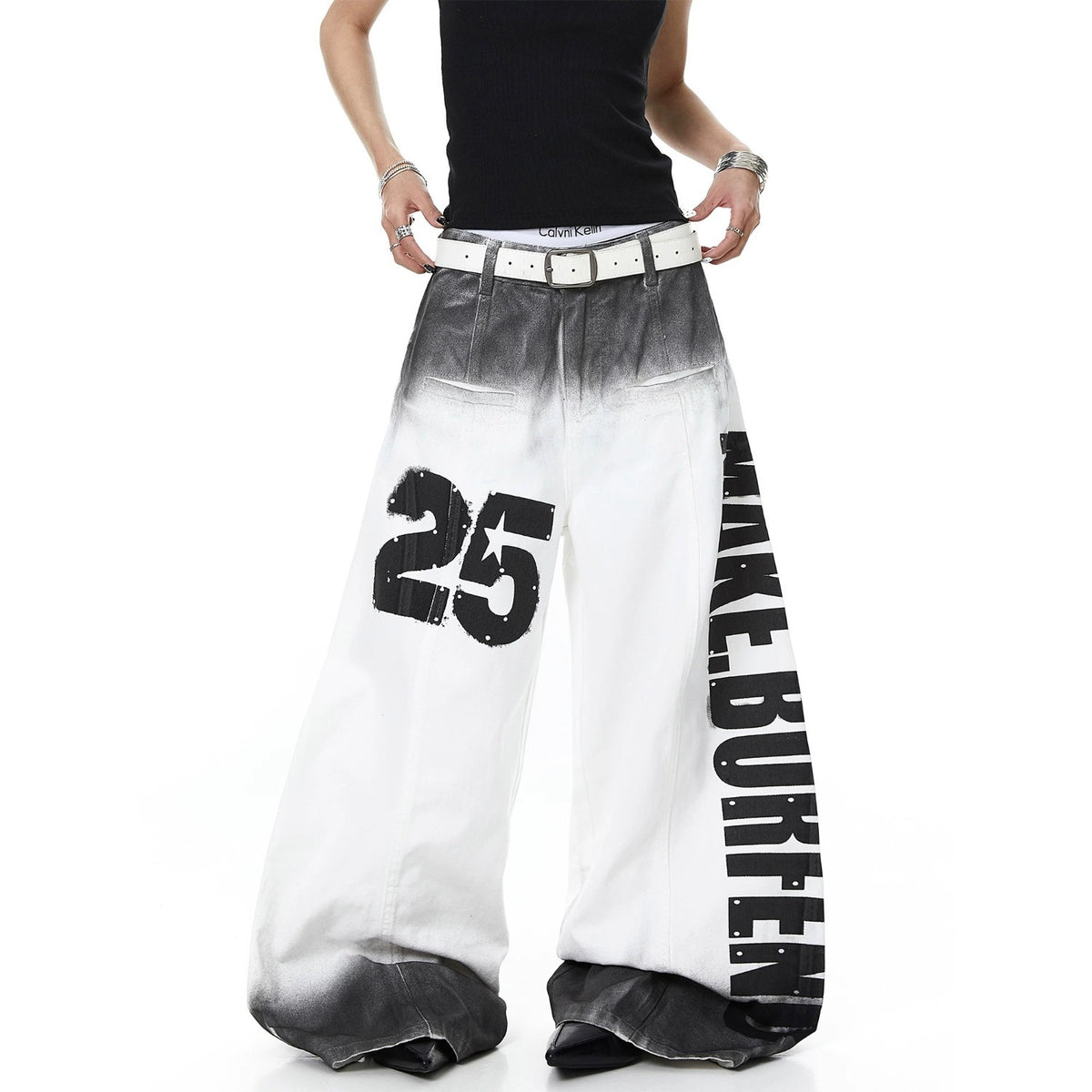 American style new fashion brand design 3D printing lace pearl chain printing vintage jeans for both men and women (5)