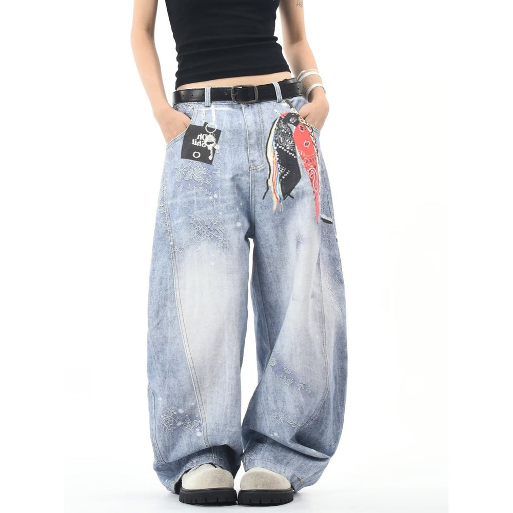 American style new fashion brand design 3D printing lace pearl chain printing vintage jeans for both men and women (12)
