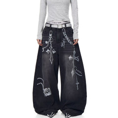 American style new fashion brand design 3D printing lace pearl chain printing vintage jeans for both men and women (10)