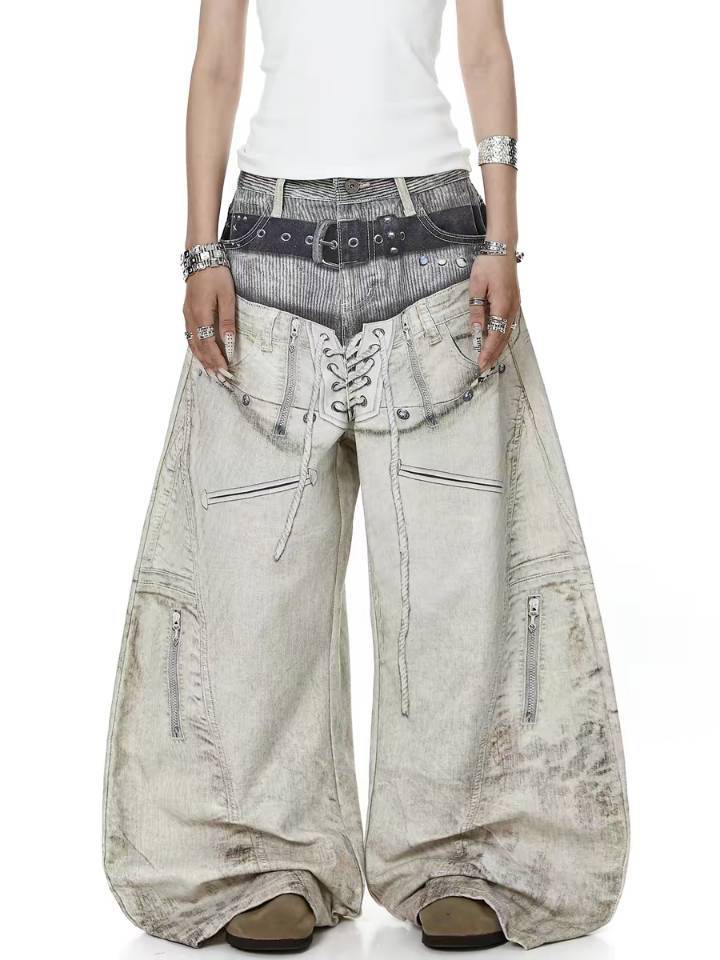 American style new fashion brand design 3D printing lace pearl chain printing vintage jeans for both men and women (31)