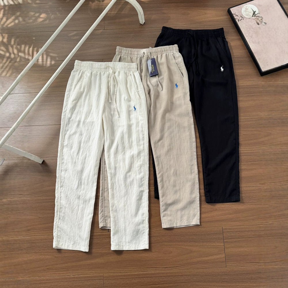 RL Ralph Pony Embroidery Summer Breathable Cool Old Money Wind Drawstring Elastic Waist Cotton Hemp Pants Casual Pants