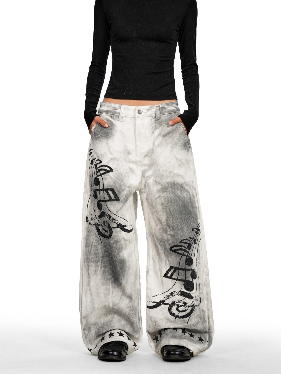 American style new fashion brand design 3D printing lace pearl chain printing vintage jeans for both men and women (25)