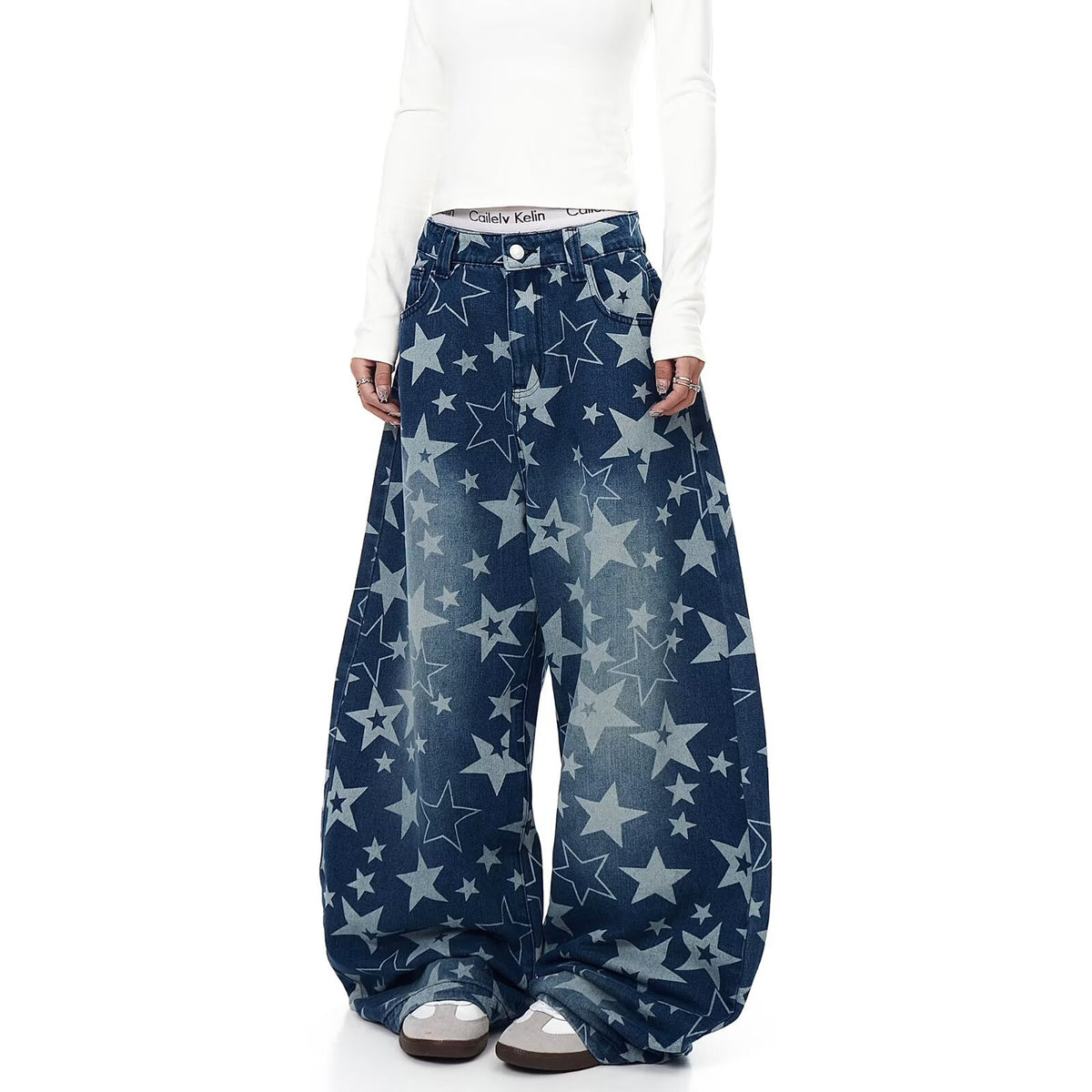 American style new fashion brand design 3D printing lace pearl chain printing vintage jeans for both men and women (23)